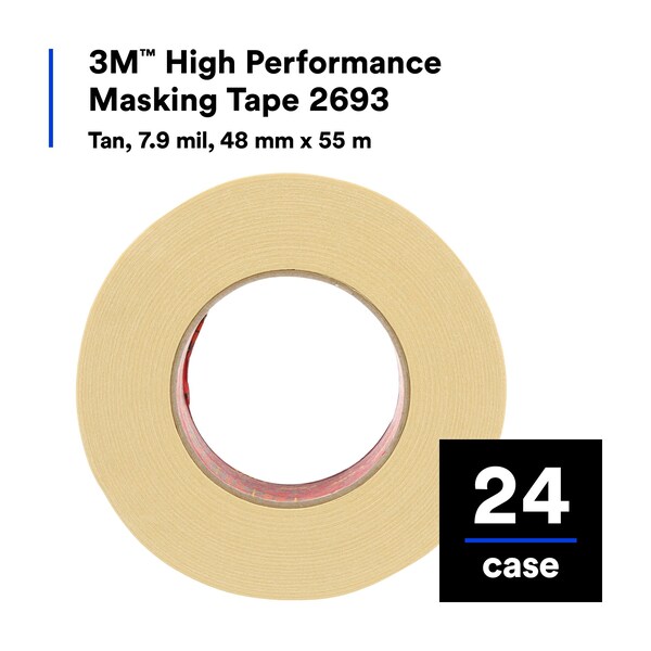3M Painters Masking Tape, 48 mm W x 55 m L, 7.6 mil Thick, Tan, Rubber Adhesive, 24 PK - 2693