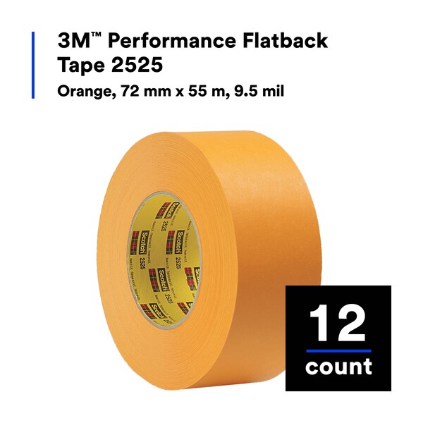 3M Painter's Tape, 72 mm W x 55 m L, 9.5 mil Thick, Orange, Rubber Adhesive, 12 PK - 2525