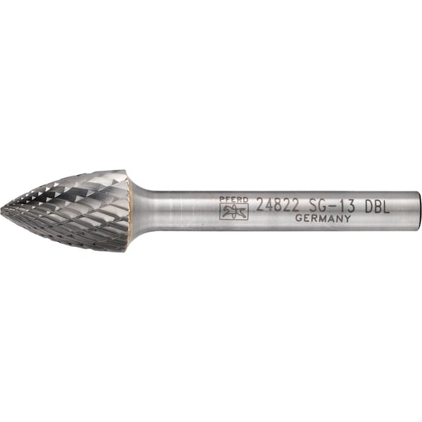 Pferd Carbide Bur - Tree Shape (Pointed), DBL Cut - 1/2" x 3/4" x 1/4" Shank - SG-13 - 24822
