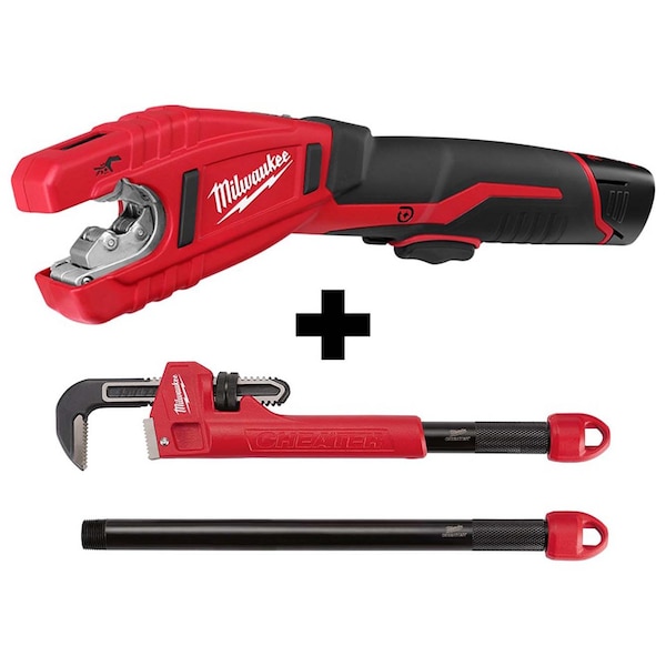 Milwaukee Tool M12™ Crdlss Lith-Ion Copper Tube Cttr Kit w CHEATER Adptbl Pipe Wrnch - 2471-21, 48-22-7314