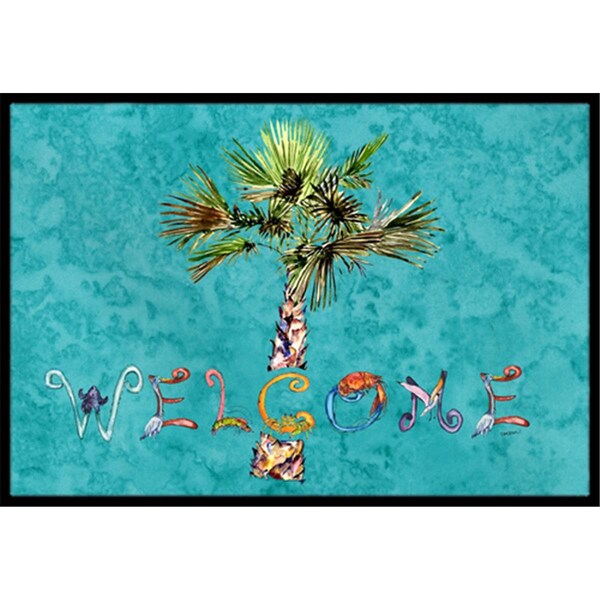 Carolines Treasures Welcome Palm Tree On Teal Indoor and Outdoor Mat- 18 x 27 in. - 8711MAT