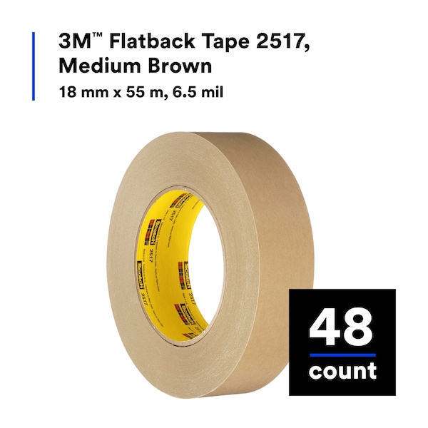 3M Flatback Tape, 18 mm W x 55m L, 6.5 mil Thick, Medium Brown, 48 PK - 2517