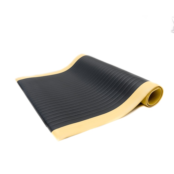 Bertech Antifatigue Mat, 12 ft. L x 3 ft. W, 3/8 in Thickness, Ribbed, Black/Yellow - AFRB38-3X12BLKYBBEV