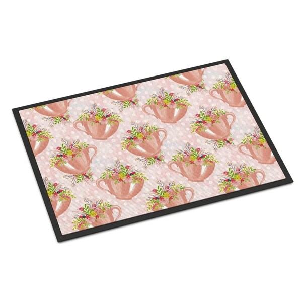 Carolines Treasures Tea Cup and Flowers Pink Indoor or Outdoor Mat, 18 x 27 in. - BB7481MAT