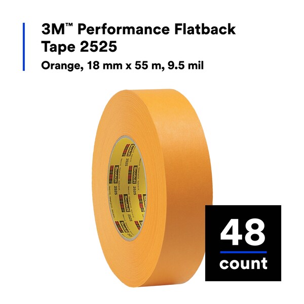 3M Painter's Tape, 45/64 in W x 60 yd L, 9.5 mil Thick, Orange, Rubber Adhesive, 48 PK - 2525