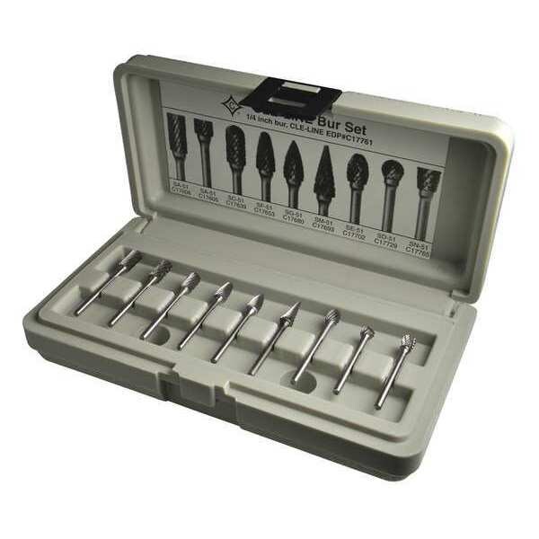 Cle-Line 9PC 1/4X1/8 Hardened Steel Shank Standard Cut Carbide Cle-Line 1855 Bur Set - C17761