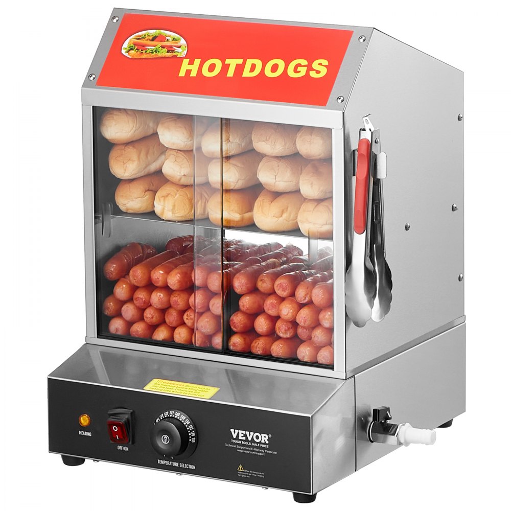 VEVOR Commercial Hot Dog Steamer 2-Tier Electric Bun Warmer 28.5QT Slide Doors - RGZSJ27L2C00I797ZV1