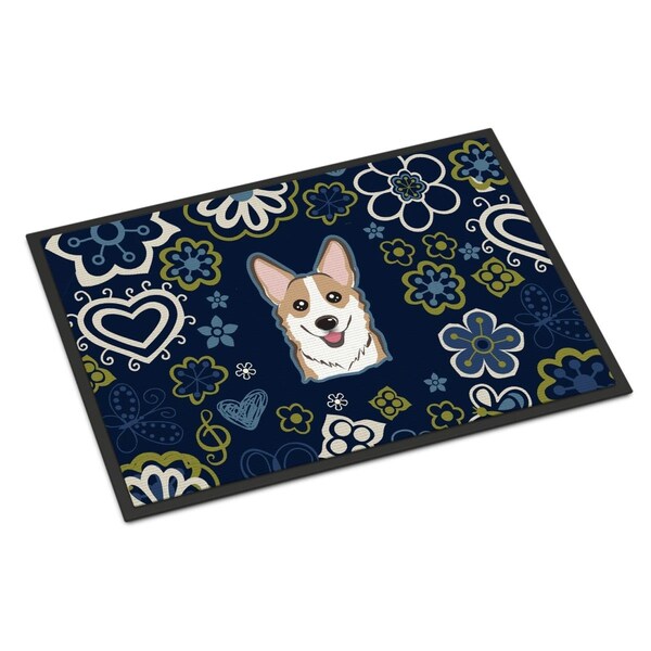 Carolines Treasures 24 x 36 in. Blue Flowers Sable Corgi Indoor or Outdoor Mat - BB5104JMAT