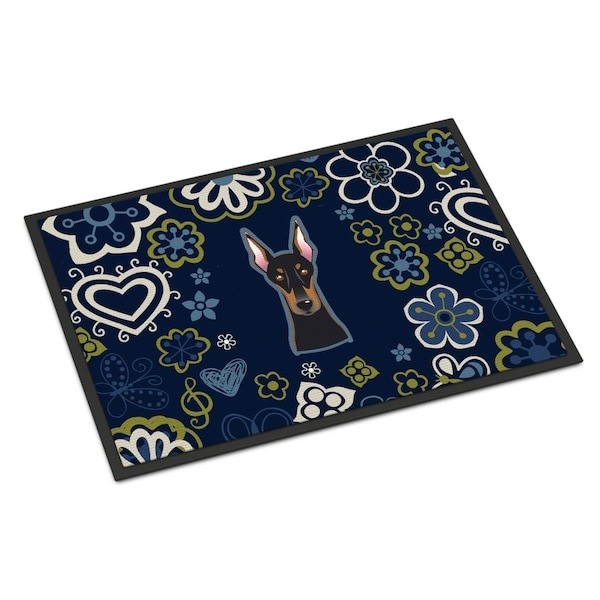 Carolines Treasures 24 x 36 in. Blue Flowers Doberman Pinscher Indoor or Outdoor Mat - BB5096JMAT