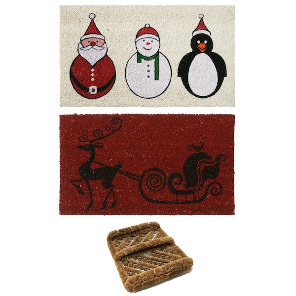 Rubber-Cal "Outdoor Christmas Doormat Kit" - 2 Coco Coir Doormats & 1 Herringbone Boot Scraper - 10-108-005