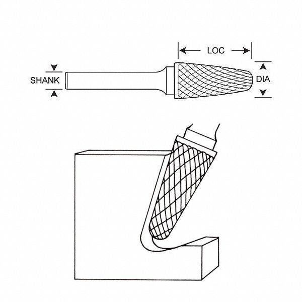 Zoro Select Carbide Bur, Taper Radius, 3/8, 1/4 Shank - 310-001186