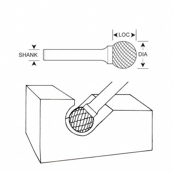 Zoro Select Carbide Bur, Ball Shape, 3/32 In, 1/8 Shank - 310-001081