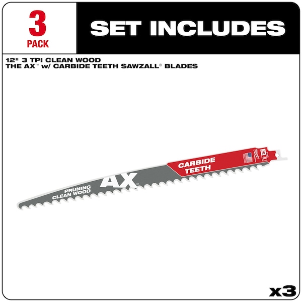 Milwaukee Tool 12" L x 3 TPI Reciprocating Saw Blade - 48-00-5333