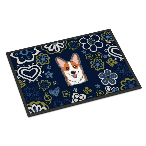 Carolines Treasures 18 x 27 in. Blue Flowers Red Corgi Indoor or Outdoor Mat - BB5105MAT