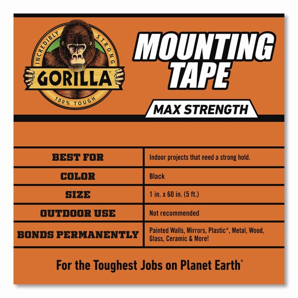 Gorilla Glue Max Strength Mounting Tape, Permanent, Holds Up to 45 lb 3 lbs per 4 in, 1 x 60, Black - 112962