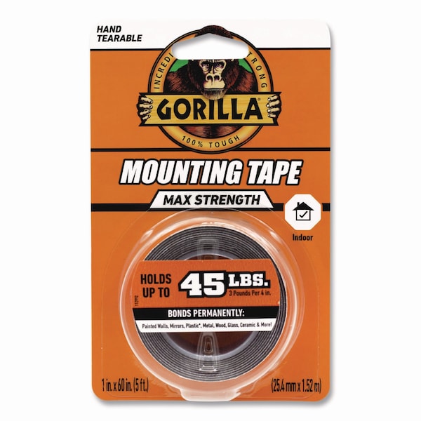 Gorilla Glue Max Strength Mounting Tape, Permanent, Holds Up to 45 lb 3 lbs per 4 in, 1 x 60, Black - 112962