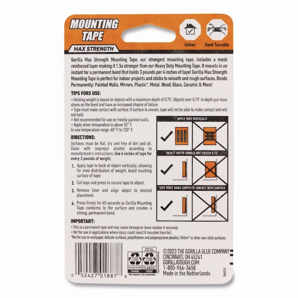 Gorilla Glue Max Strength Mounting Tape, Permanent, Holds Up to 45 lb 3 lbs per 4 in, 1 x 60, Black - 112962