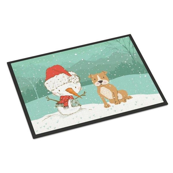 Carolines Treasures 18 x 27 in. Brown Staffie Snowman Christmas Indoor or Outdoor Mat - CK2076MAT