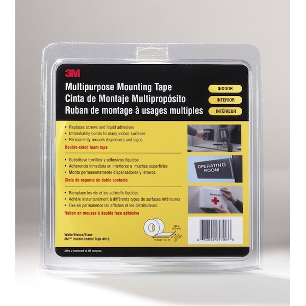 3M Double-Sided Foam Tape, 1 in W, 36 yd L, 1/16 in, Polyurethane Foam, Double-Sided, 9 PK - 4016