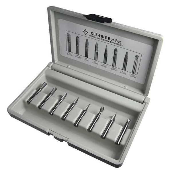 Cle-Line 8PC 1/4X1/8 Hardened Steel Shank Standard Cut Carbide Cle-Line 1855 Bur Set - C17762
