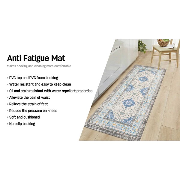 World Rug Gallery Antifatigue Mat, 47 in L x 18 in W, 0.47 in Thickness, Traditional, Blue - 999BLUE18X47