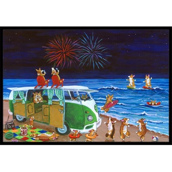 Carolines Treasures Carolines Treasures 7317MAT Corgi Beach Party Volkswagon Bus Fireworks Indoor & Outdoor Mat; 18 x 27 in. - 7317MAT