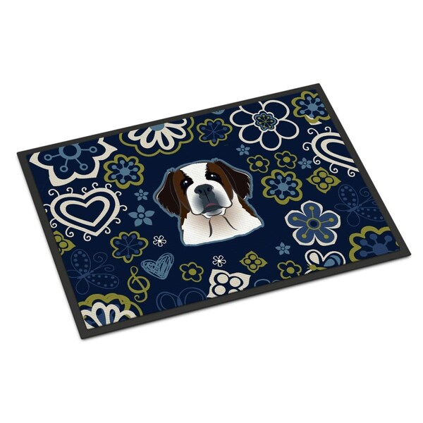 Carolines Treasures 18 x 27 in. Blue Flowers Saint Bernard Indoor or Outdoor Mat - BB5097MAT
