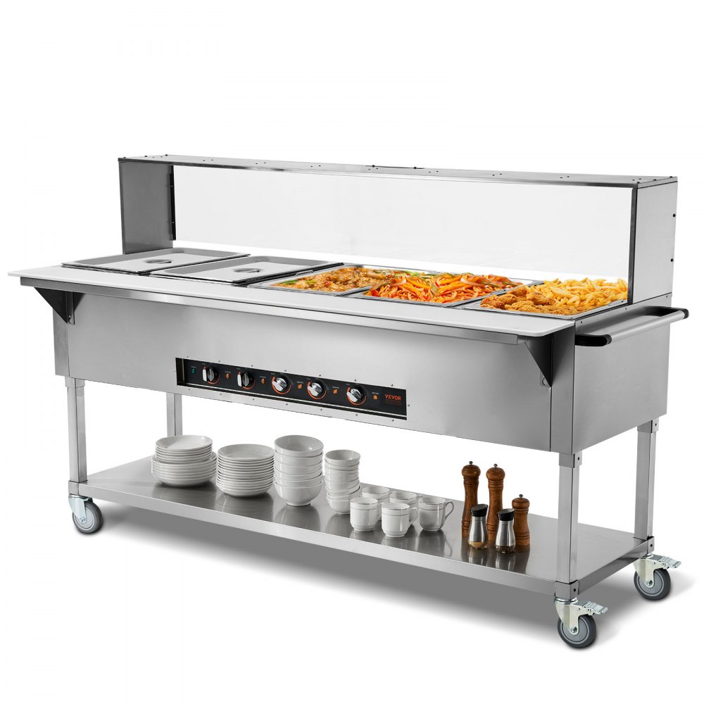 VEVOR 5-Pan Commercial Food Warmer, 5 x 20.6QT Electric Steam Table, 3750W Professional Buffet Catering Food Warmer with Acrylic Sneeze Guard, Food Grade Stainless Steel Server for Party Restaurant - SPZQZWGSSPDF5RJ65V4