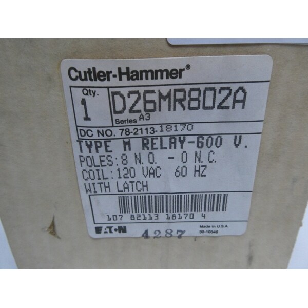 Relé de Control Eaton Cutler-Hammer 8P Tipo M con Enclavamiento 120V CA - D26MR802A