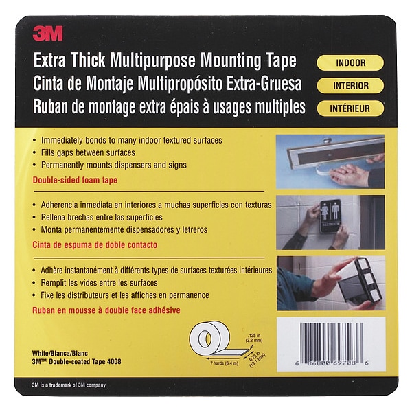 3M Double-Sided Foam Tape, 3/4 in W, 7 yd L, 1/8 in, Polyurethane Foam, Double-Sided - 4008