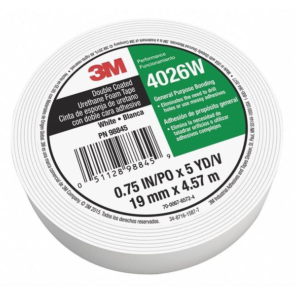 3M Double-Sided Foam Tape, 3/4 in W, 5 yd L, 1/16 in, Polyurethane Foam, Double-Sided - 4026