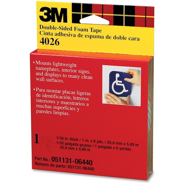 3M Double-Sided Foam Tape, 1/2 in W, 36 yd L, 1/16 in, Polyurethane Foam, Double-Sided, 18 PK - 4026
