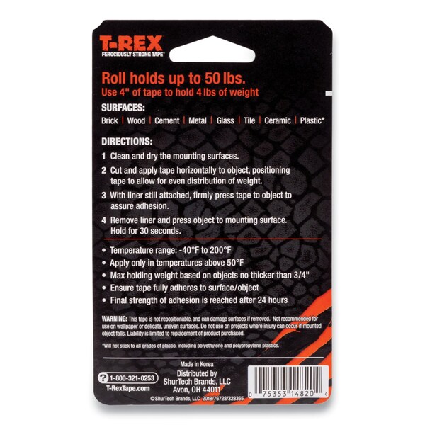 T-Rex Extreme Hold Mounting Tape, 1.5in Core, 1in x 1.66 yds, Black - 285337