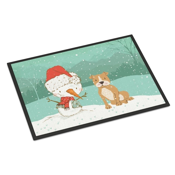 Carolines Treasures 24 x 36 in. Brown Staffie Snowman Christmas Indoor or Outdoor Mat - CK2076JMAT