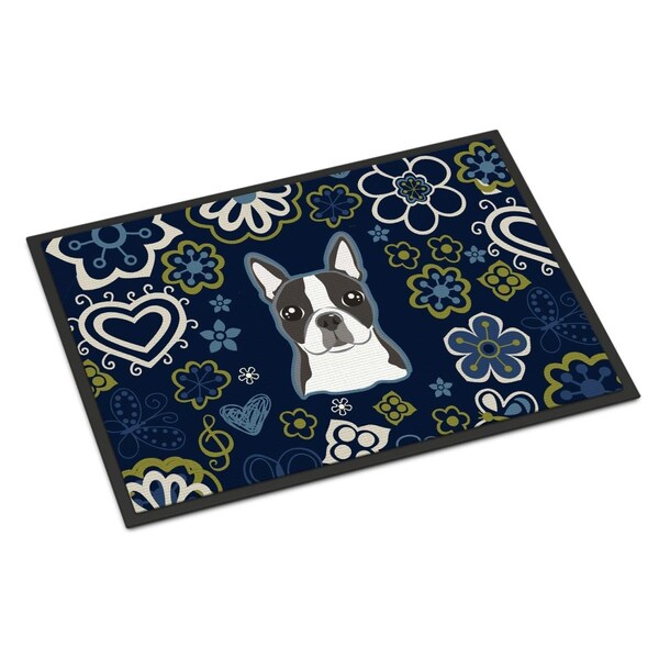 Carolines Treasures 18 x 27 in. Blue Flowers Boston Terrier Indoor or Outdoor Mat - BB5054MAT
