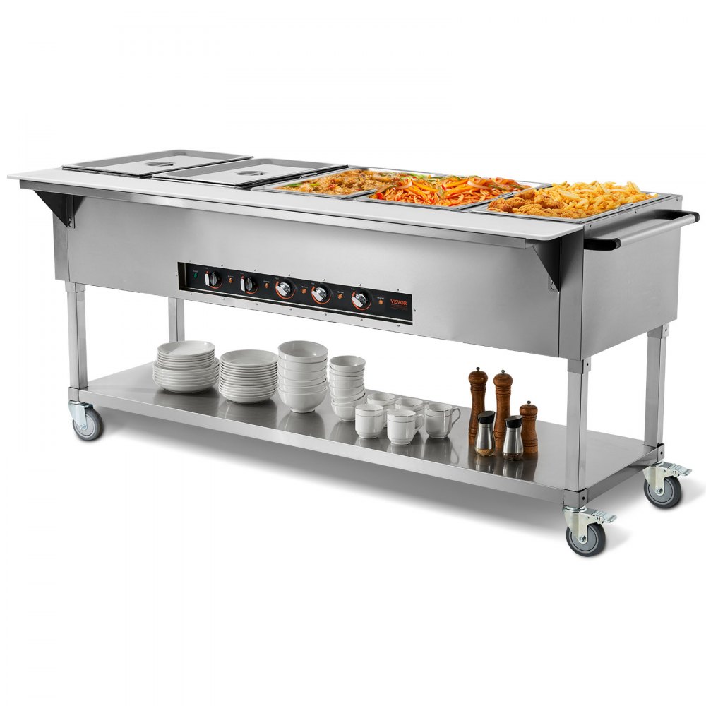 VEVOR 5-Pan Commercial Food Warmer, 5 x 20.6QT Electric Steam Table, 3750W Professional Buffet Catering Food Warmer with 4 Wheels (2 Lockable), Food Grade Stainless Steel Server for Party Restaurant - SPZQZWGSS5PWJ4MBUV4