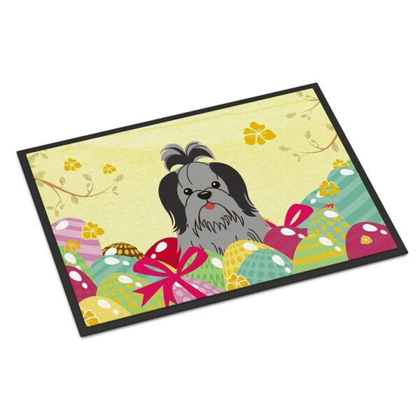 Carolines Treasures 18 x 27 in. Easter Eggs Shih Tzu Black Silver Indoor or Outdoor Mat - BB6089MAT