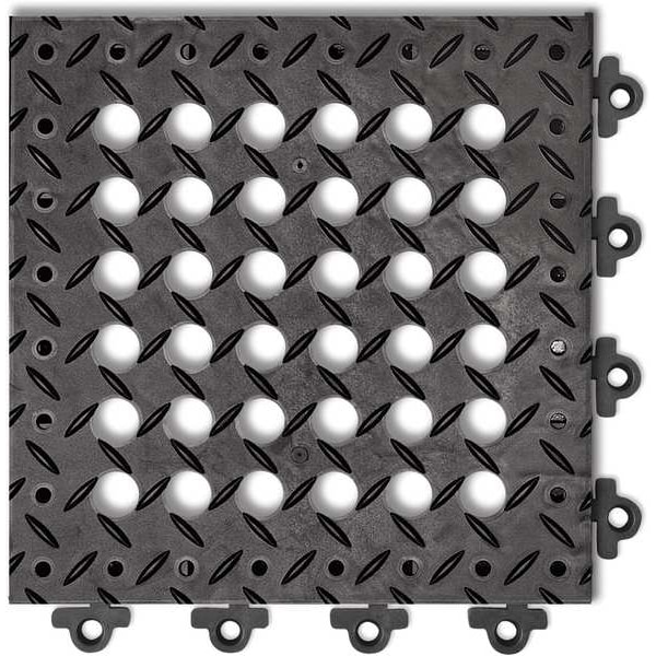 Notrax Interlocking Drainage Mat Tile, 12 in L x 12 in W, 1 in Thickness, PVC, Diamond, Black - 620STL12BL