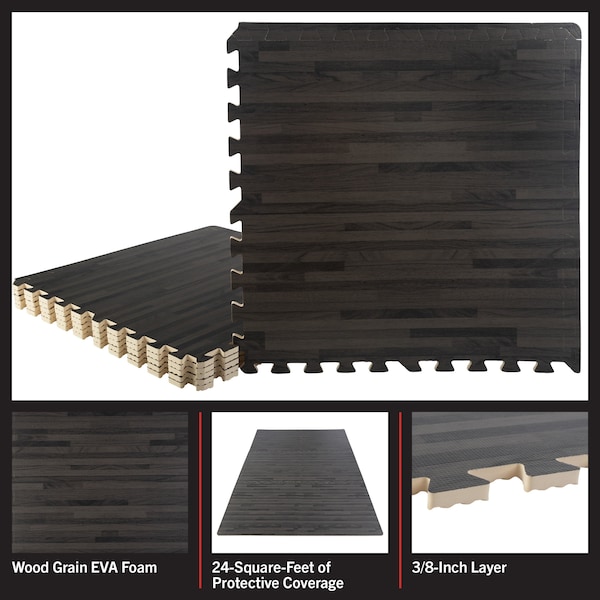 Stalwart Foam Floor Mat 6PK - 24 SQFT, Black Wood - 75-6405