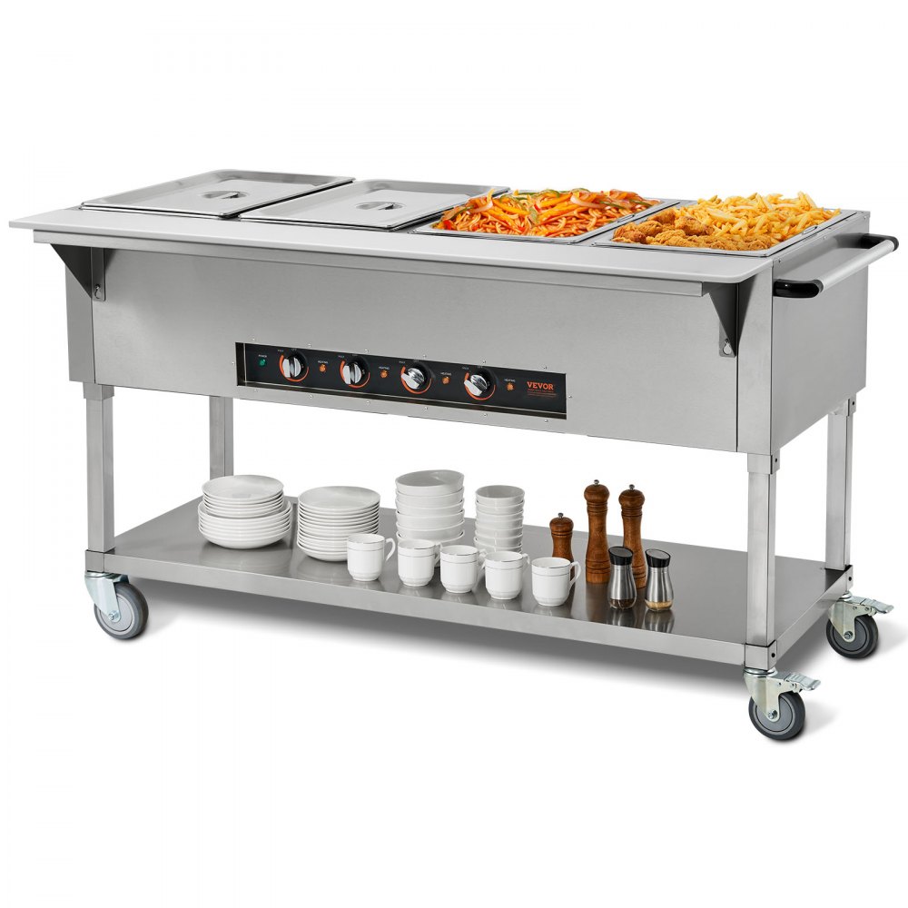 VEVOR 4-Pan Commercial Food Warmer, 4 x 20.6QT Electric Steam Table, 2000W Professional Buffet Catering Food Warmer with 4 Wheels (2 Lockable), Food Grade Stainless Steel Server for Party Restaurant - SPZQZWGSS4PWKMHXCV1