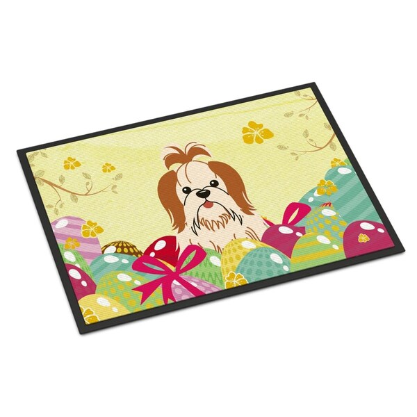 Carolines Treasures 24 x 36 in. Easter Eggs Shih Tzu Red White Indoor or Outdoor Mat - BB6087JMAT