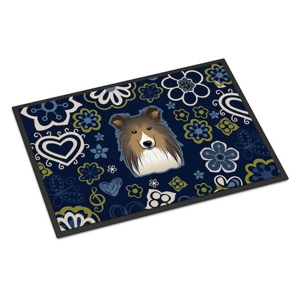 Carolines Treasures 18 x 27 in. Blue Flowers Sheltie Indoor or Outdoor Mat - BB5093MAT