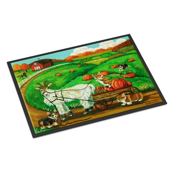 Carolines Treasures 24 x 36 in. Corgi Pumpkin Ride with Goat Indoor or Outdoor Mat - 7414JMAT