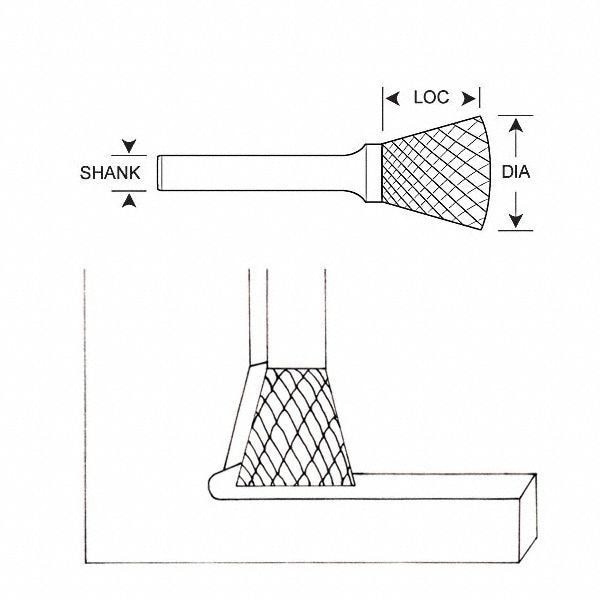 Zoro Select Carbide Bur, Inverted Cone, 5/8, 1/4 Shank - 310-001229