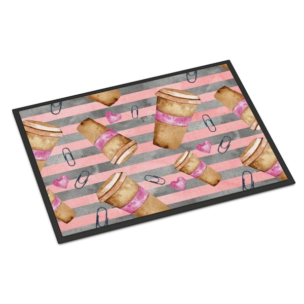 Carolines Treasures Watercolor Coffee and Paper Clips Indoor or Outdoor Mat, 18 x 27 in. - BB7538MAT