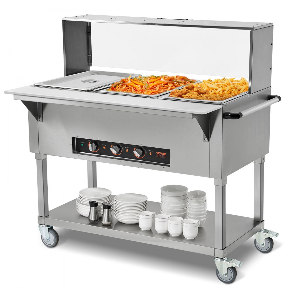VEVOR 3-Pan Commercial Food Warmer, 3 x 20.6QT Electric Steam Table, 1500W Professional Buffet Catering Food Warmer with Acrylic Sneeze Guard, Food Grade Stainless Steel Server for Party Restaurant - SPZQZWGSSPDF3C906V1