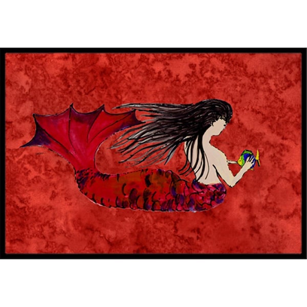 Carolines Treasures Black Haired Mermaid On Red Indoor and Outdoor Mat- 18 x 27 in. - 8726MAT