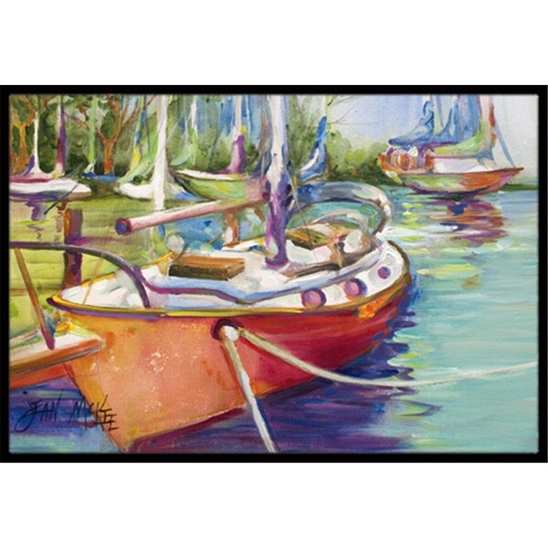 Carolines Treasures Red Sailboat Indoor and Outdoor Mat- 18 x 27 in. - JMK1028MAT