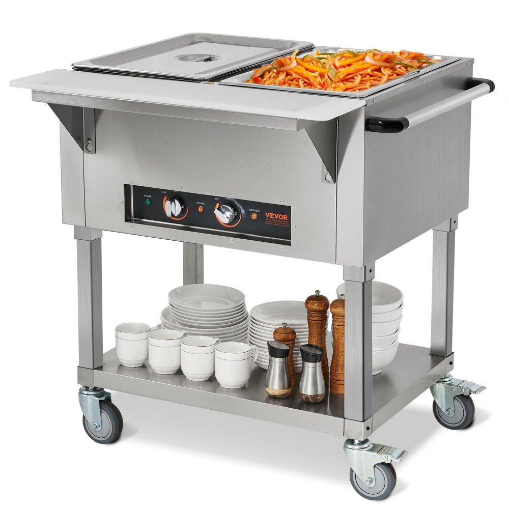 VEVOR 2-Pan Commercial Food Warmer, 2 x 20.6QT Electric Steam Table, 1000W Professional Buffet Catering Food Warmer with 4 Wheels (2 Lockable), Food Grade Stainless Steel Server for Party Restaurant - SPZQZWGSS2PWSDKEYV1