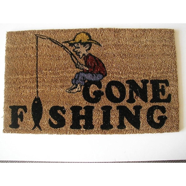 Geo Crafts 18 x 30 in. PVC Backed Stencilled Gone Fishing Doormat - GE132120
